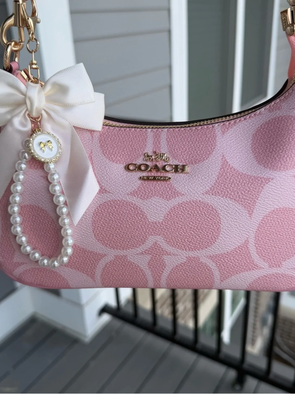 Coach Pink Signature Shoulder Bag with Bow Charm - Picture 3 of 6